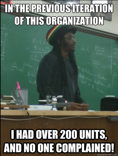 in the previous iteration of this organization I had over 200 units, and no one complained! - in the previous iteration of this organization I had over 200 units, and no one complained!  Rasta Science Teacher