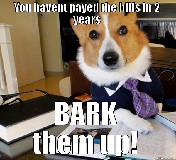 you havent payed the bills... - YOU HAVENT PAYED THE BILLS IN 2 YEARS BARK THEM UP! Lawyer Dog