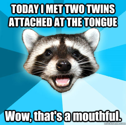 TODAY I MET TWO TWINS ATTACHED AT THE TONGUE Wow, that's a mouthful.  Lame Pun Coon