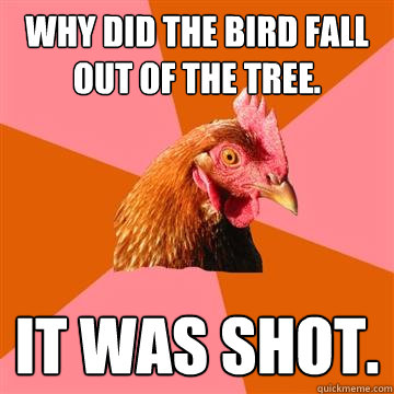 Why did the bird fall out of the tree. It was shot.  Anti-Joke Chicken