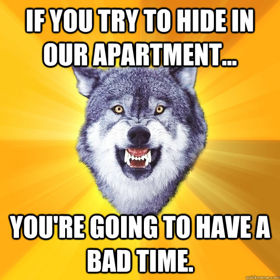 If you try to hide in our apartment... You're going to have a bad time.  Courage Wolf