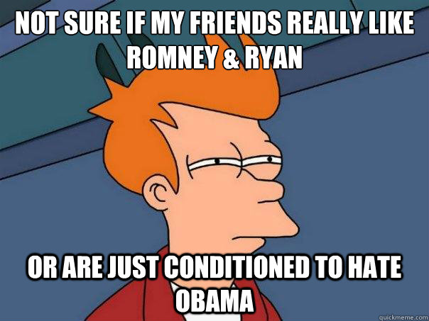 Not sure if my friends really like Romney & Ryan or are just conditioned to hate Obama  Futurama Fry