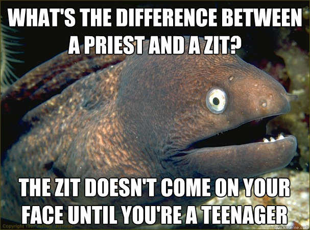 what's the difference between a priest and a zit? the zit doesn't come on your face until you're a teenager - what's the difference between a priest and a zit? the zit doesn't come on your face until you're a teenager  Bad Joke Eel