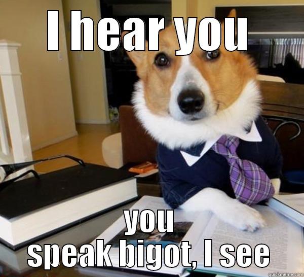 I HEAR YOU YOU SPEAK BIGOT, I SEE Lawyer Dog