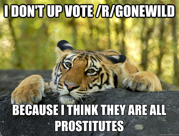 I don't up vote /r/gonewild because I think they are all prostitutes  Confession Tiger