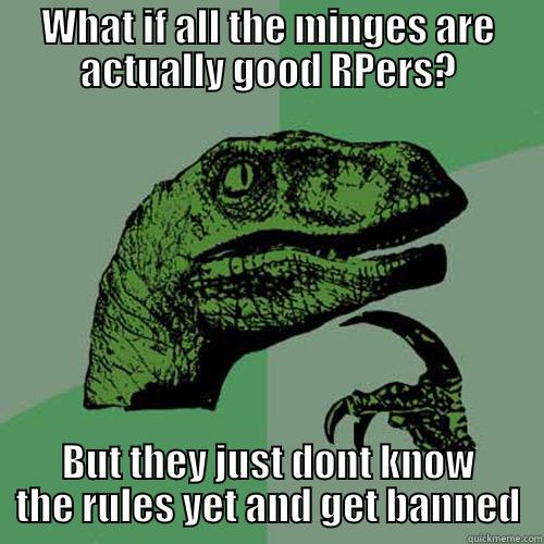 WHAT IF ALL THE MINGES ARE ACTUALLY GOOD RPERS? BUT THEY JUST DONT KNOW THE RULES YET AND GET BANNED Philosoraptor