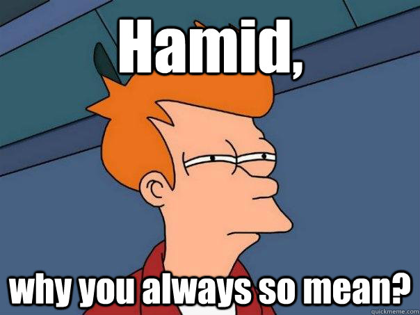 Hamid, why you always so mean?  Futurama Fry