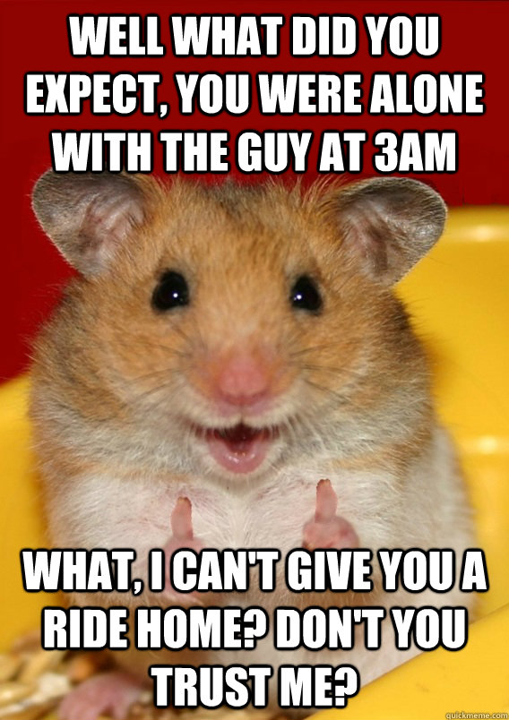 Well what did you expect, you were alone with the guy at 3am what, I can't give you a ride home? Don't you trust me?  - Well what did you expect, you were alone with the guy at 3am what, I can't give you a ride home? Don't you trust me?   Rationalization Hamster