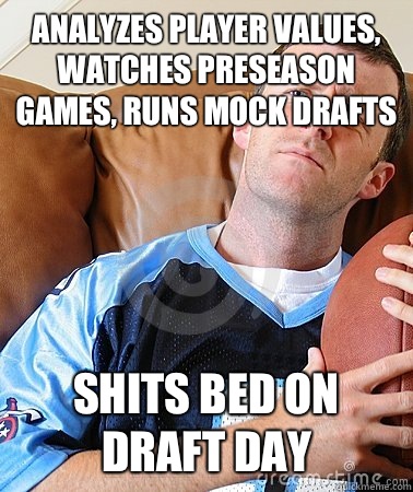 Analyzes player values, watches preseason games, runs mock drafts  Shits bed on draft day  Fantasy Football Guy