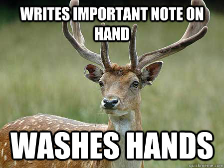 Writes important note on hand washes hands  