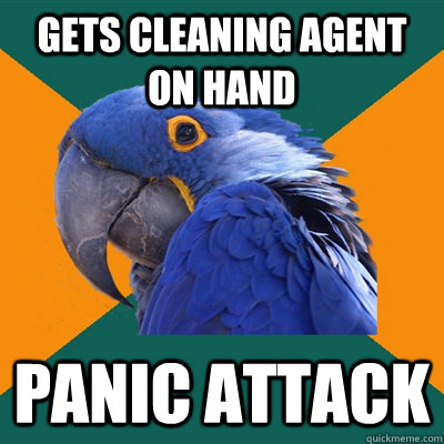 gets cleaning agent on hand panic attack  Paranoid Parrot