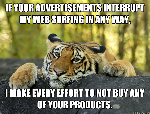 If your advertisements interrupt my web surfing in any way,  I make every effort to not buy any of your products.  Confession Tiger