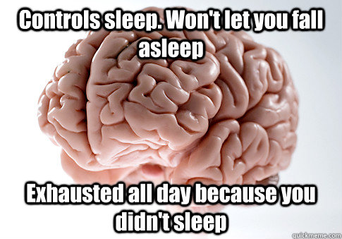 Controls sleep. Won't let you fall asleep Exhausted all day because you didn't sleep  Scumbag Brain