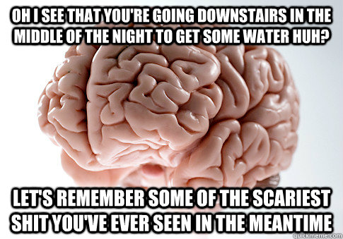 oh i see that you're going downstairs in the middle of the night to get some water huh? Let's remember some of the scariest shit you've ever seen in the meantime  Scumbag Brain