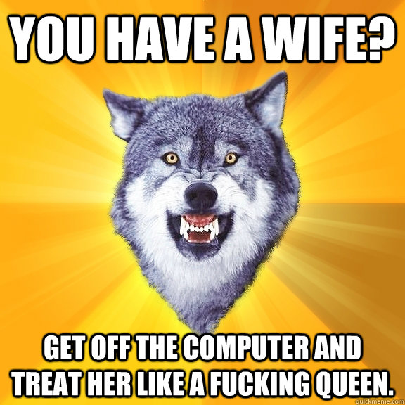 You have a wife? Get off the computer and treat her like a fucking queen.  Courage Wolf