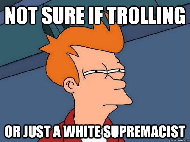 Not sure if trolling Or just a white supremacist  Futurama Fry