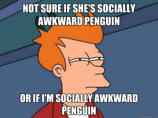 Not sure if she's socially awkward penguin Or if I'm socially awkward penguin  Futurama Fry