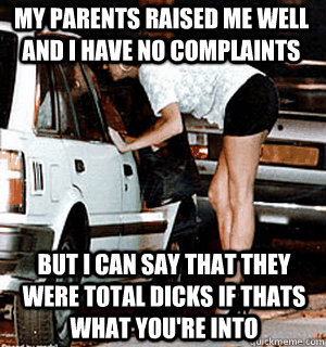 My parents raised me well and i have no complaints but i can say that they were total dicks if thats what you're into  Karma Whore