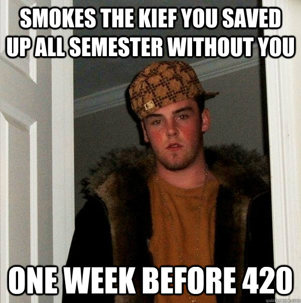 Smokes the kief you saved up all semester without you One Week before 420  Scumbag Steve