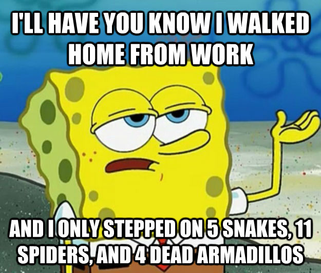 I'LL HAVE YOU KNOW I WALKED HOME FROM WORK  AND I ONLY STEPPED ON 5 SNAKES, 11 SPIDERS, AND 4 DEAD ARMADILLOS - I'LL HAVE YOU KNOW I WALKED HOME FROM WORK  AND I ONLY STEPPED ON 5 SNAKES, 11 SPIDERS, AND 4 DEAD ARMADILLOS  Tough Spongebob