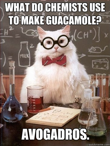 What do chemists use to make guacamole?  Avogadros.
 - What do chemists use to make guacamole?  Avogadros.
  Chemistry Cat