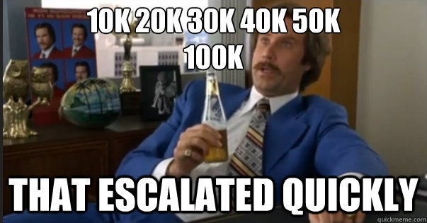 That escalated quickly 10k 20k 30k 40k 50k
100k - That escalated quickly 10k 20k 30k 40k 50k
100k  Ron Burgandy escalated quickly