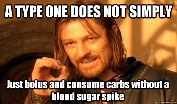 A TYPE ONE DOES NOT SIMPLY Just bolus and consume carbs without a blood sugar spike  One Does Not Simply