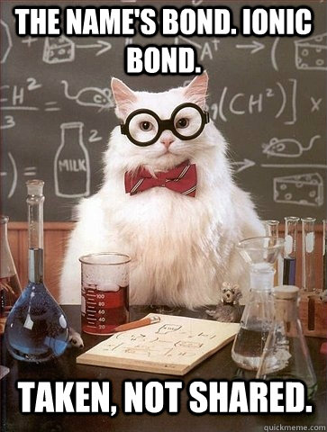 The name's Bond. Ionic Bond. Taken, not shared. - The name's Bond. Ionic Bond. Taken, not shared.  Chemistry Cat