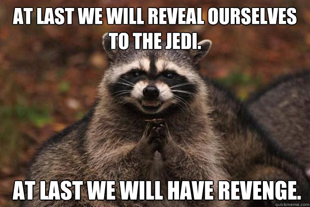 At last we will reveal ourselves to the Jedi.  At last we will have revenge.   Evil Plotting Raccoon