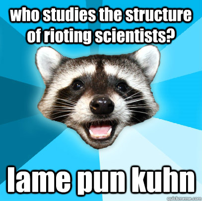 who studies the structure of rioting scientists? lame pun kuhn  Lame Pun Coon