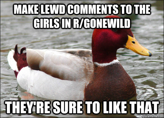 Make lewd comments to the girls in r/gonewild They're sure to like that  Malicious Advice Mallard