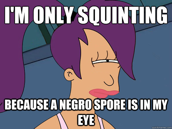 I'm only squinting because a negro spore is in my eye  Leela Futurama