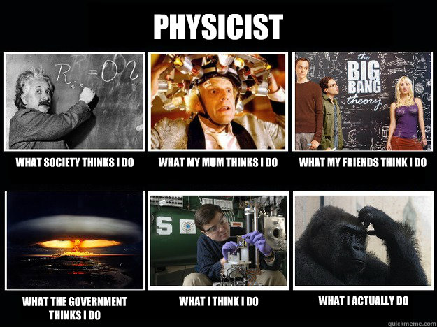 PHYSICIST What society thinks I do What my mum thinks I do What my friends think I do What the government thinks I do What I think I do What I actually do  Physicist