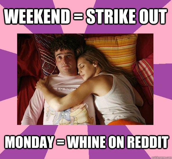 Weekend = Strike out Monday = Whine on Reddit  Friendzone Fred