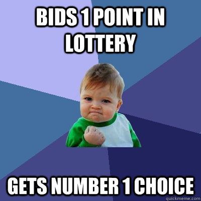 Bids 1 point in lottery Gets number 1 choice  Success Kid