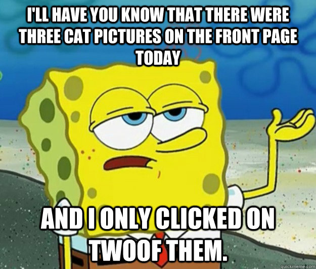 I'll have you know that there were three cat pictures on the front page today and i only clicked on twoof them. - I'll have you know that there were three cat pictures on the front page today and i only clicked on twoof them.  Tough Spongebob