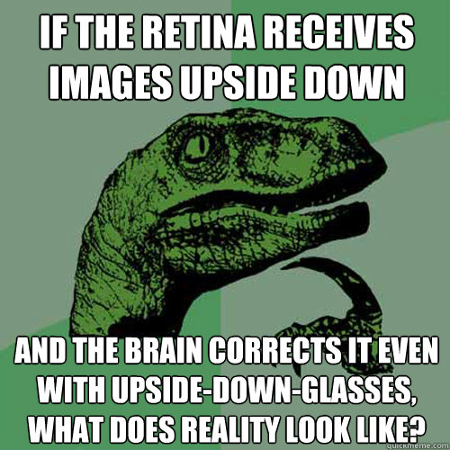 If the retina receives images upside down And the brain corrects it even with upside-down-glasses, what does reality look like?  Philosoraptor