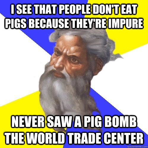 i see that people don't eat pigs because they're impure never saw a pig bomb the world trade center  Advice God