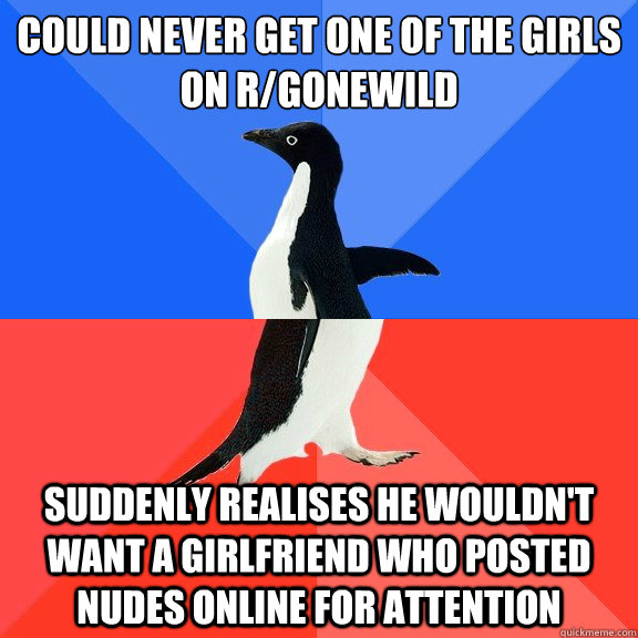 Could never get one of the girls on r/gonewild suddenly realises he wouldn't want a girlfriend who posted nudes online for attention  Socially Awkward Awesome Penguin