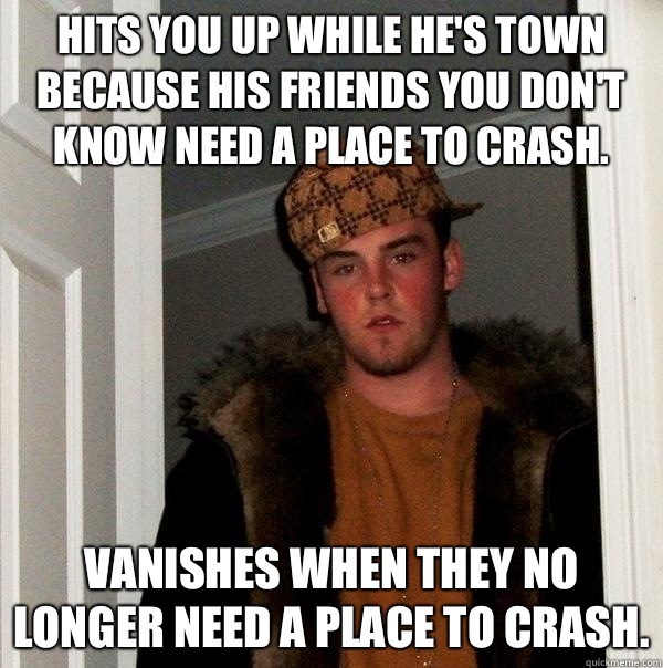 Hits you up while he's town because his friends you don't know need a place to crash. Vanishes when they no longer need a place to crash. - Hits you up while he's town because his friends you don't know need a place to crash. Vanishes when they no longer need a place to crash.  Scumbag Steve