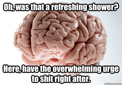 Oh, was that a refreshing shower? Here, have the overwhelming urge to shit right after. - Oh, was that a refreshing shower? Here, have the overwhelming urge to shit right after.  Scumbag Brain