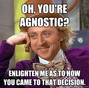 Oh, you're agnostic? Enlighten me as to how you came to that decision. - Oh, you're agnostic? Enlighten me as to how you came to that decision.  Condescending Wonka