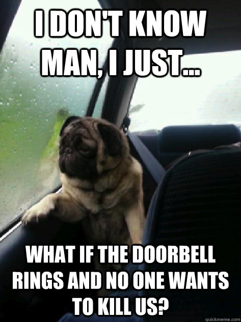 I don't know man, I just... What if the doorbell rings and no one wants to kill us?  Introspective Pug