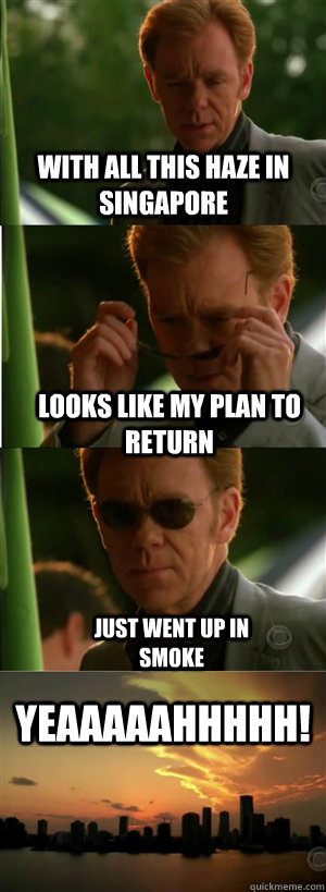 With all this haze in Singapore looks like my plan to return just went up in smoke YEAAAAAHHHHH!  CSI Miami Style