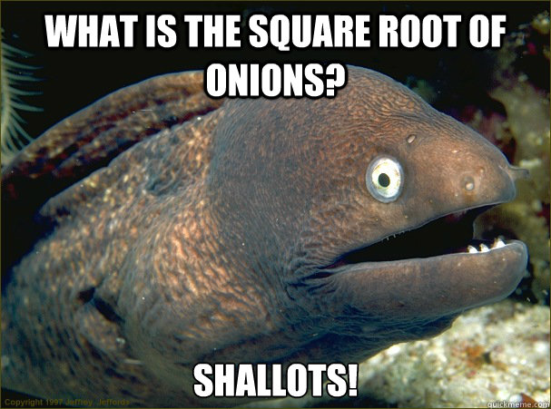 What is the square root of onions? Shallots!  Bad Joke Eel