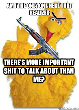 AM I THE ONLY ONE HERE THAT REALIZES THERE'S MORE IMPORTANT SHIT TO TALK ABOUT THAN ME? - AM I THE ONLY ONE HERE THAT REALIZES THERE'S MORE IMPORTANT SHIT TO TALK ABOUT THAN ME?  Angry Big Bird
