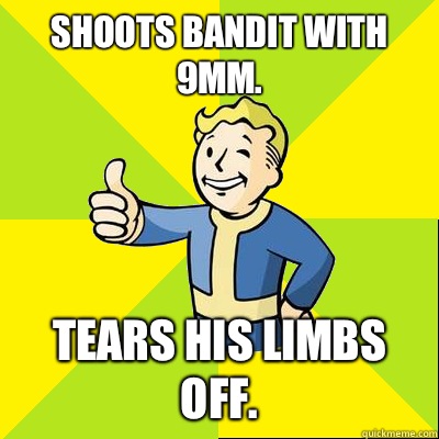 Shoots bandit with 9mm. Tears his limbs off.  Fallout new vegas