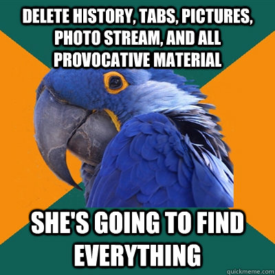 Delete history, tabs, pictures, photo stream, and all provocative material she's going to find everything - Delete history, tabs, pictures, photo stream, and all provocative material she's going to find everything  Paranoid Parrot