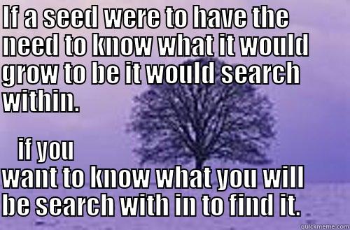 Be a Seed. - IF A SEED WERE TO HAVE THE            NEED TO KNOW WHAT IT WOULD        GROW TO BE IT WOULD SEARCH          WITHIN.                                                                                                IF YOU                                                          WANT TO KNOW WHAT YOU WILL         BE SEARCH WITH IN TO FIND IT.          Misc