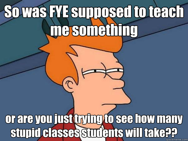 So was FYE supposed to teach me something or are you just trying to see how many stupid classes students will take?? - So was FYE supposed to teach me something or are you just trying to see how many stupid classes students will take??  Futurama Fry